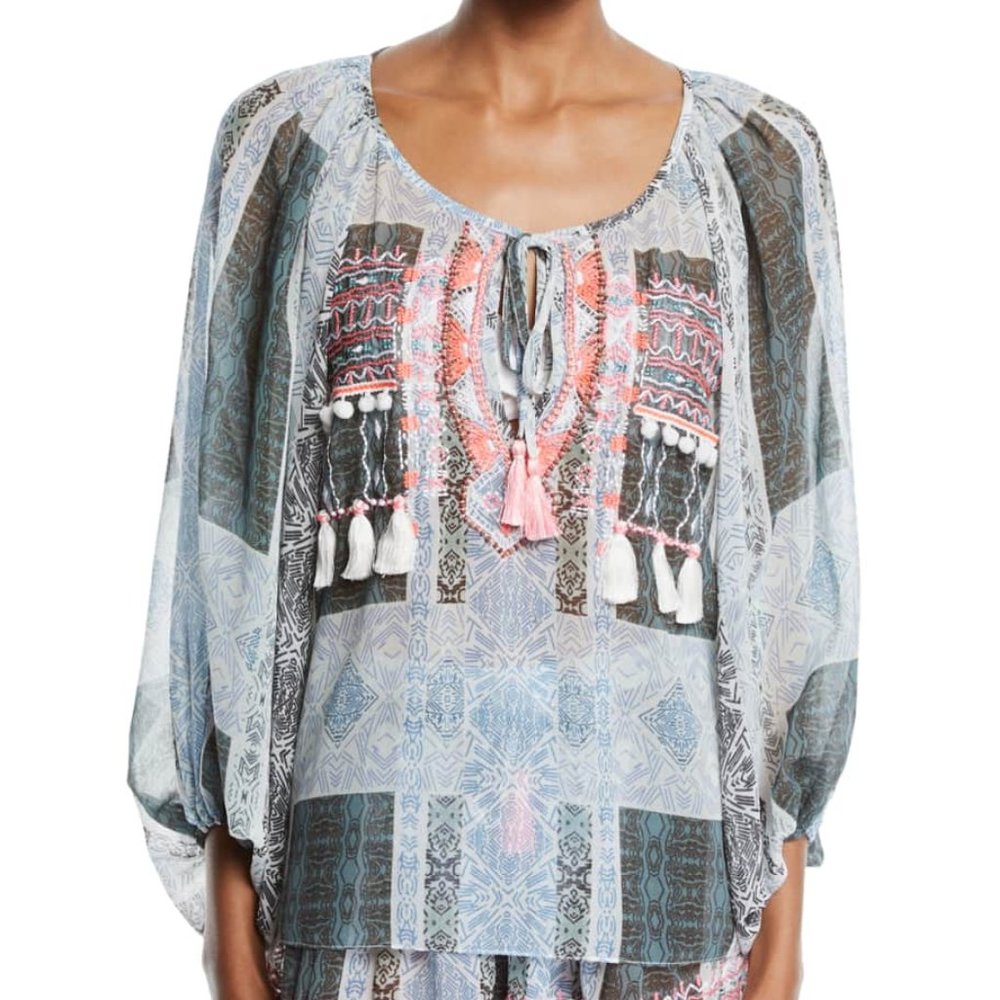 Ramy Brook Myra Embroidered Coverup Top with Tassels